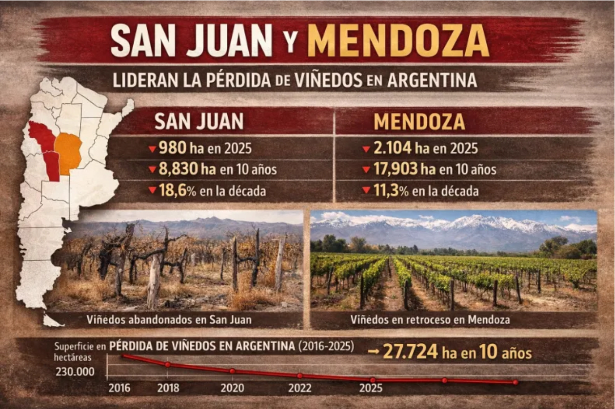 En un año, San Juan perdió 980 hectáreas de viñedos  La situación de la actividad es alarmante y va en franco retroceso. En los últimos 10 años se perdieron 8830 hectáreas